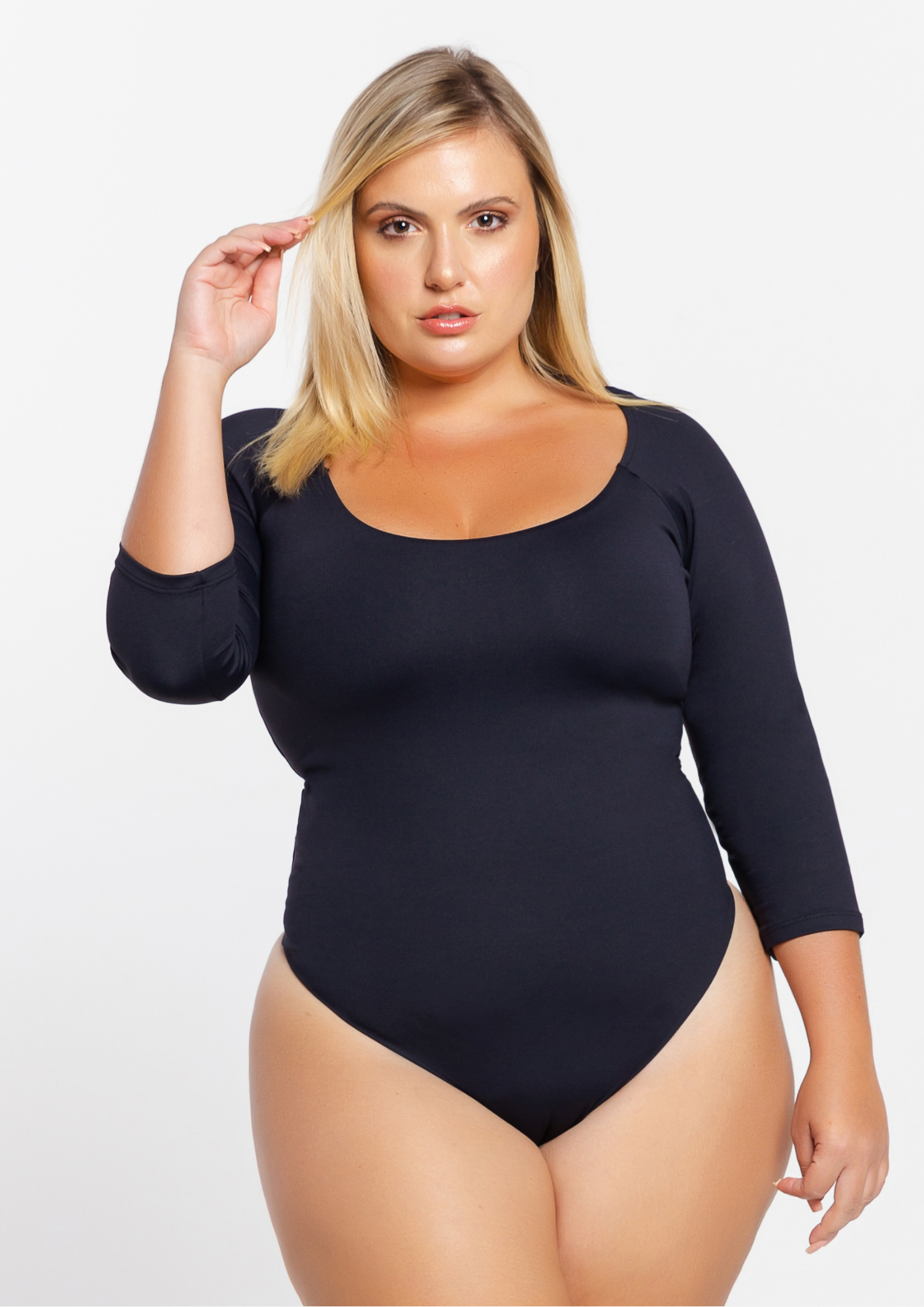 plus size model, open back bodysuit, black bodysuit