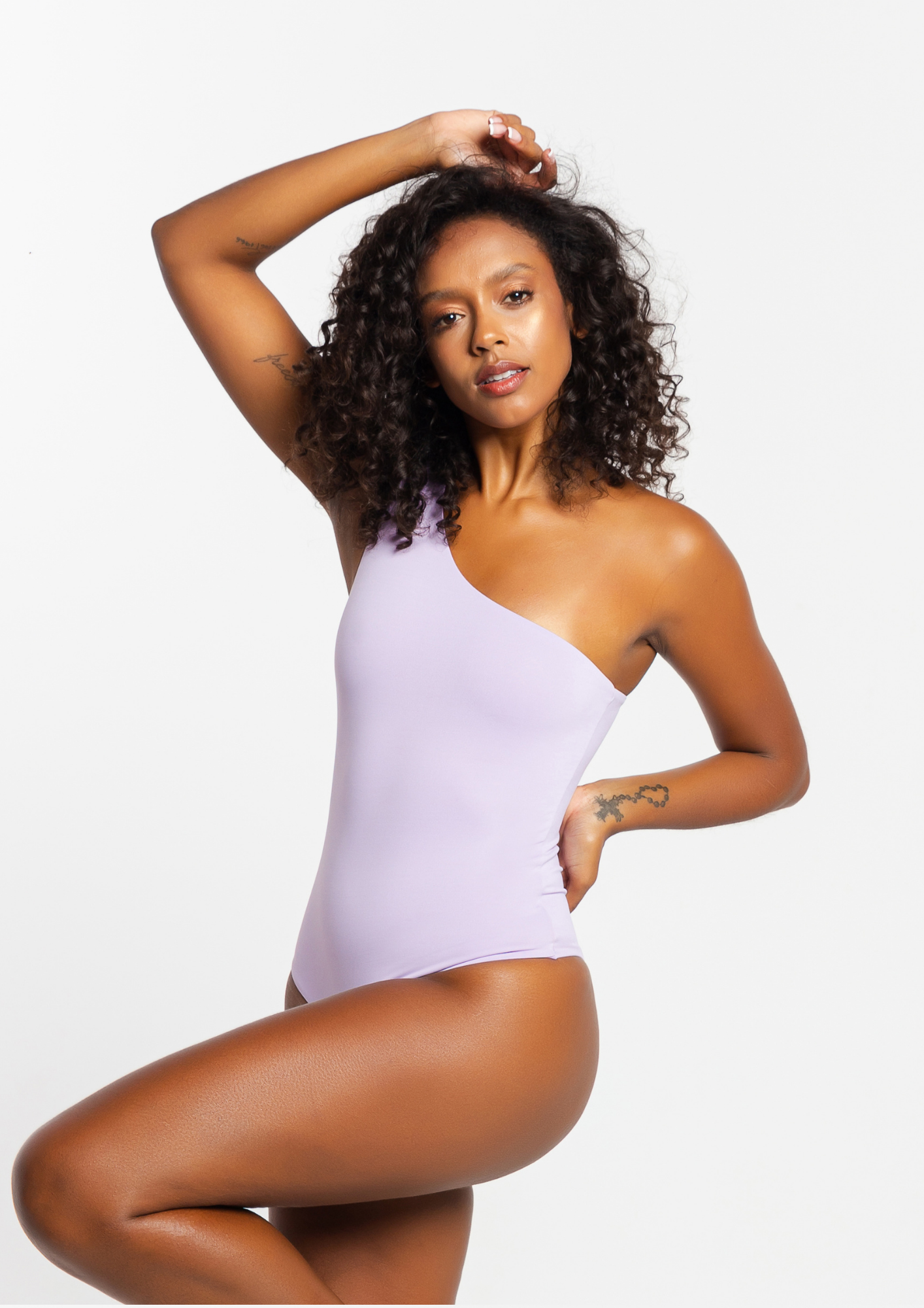 one-shoulder bodysuit, lavender bodysuit, lavender color, summer collection