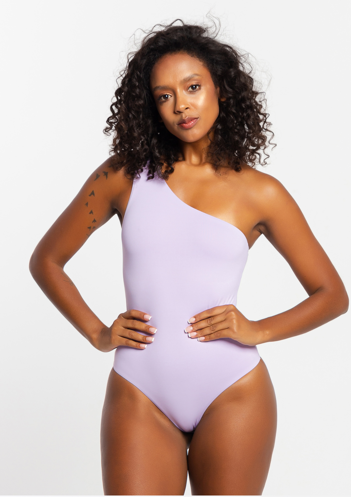 one-shoulder bodysuit, lavender bodysuit, summer collection