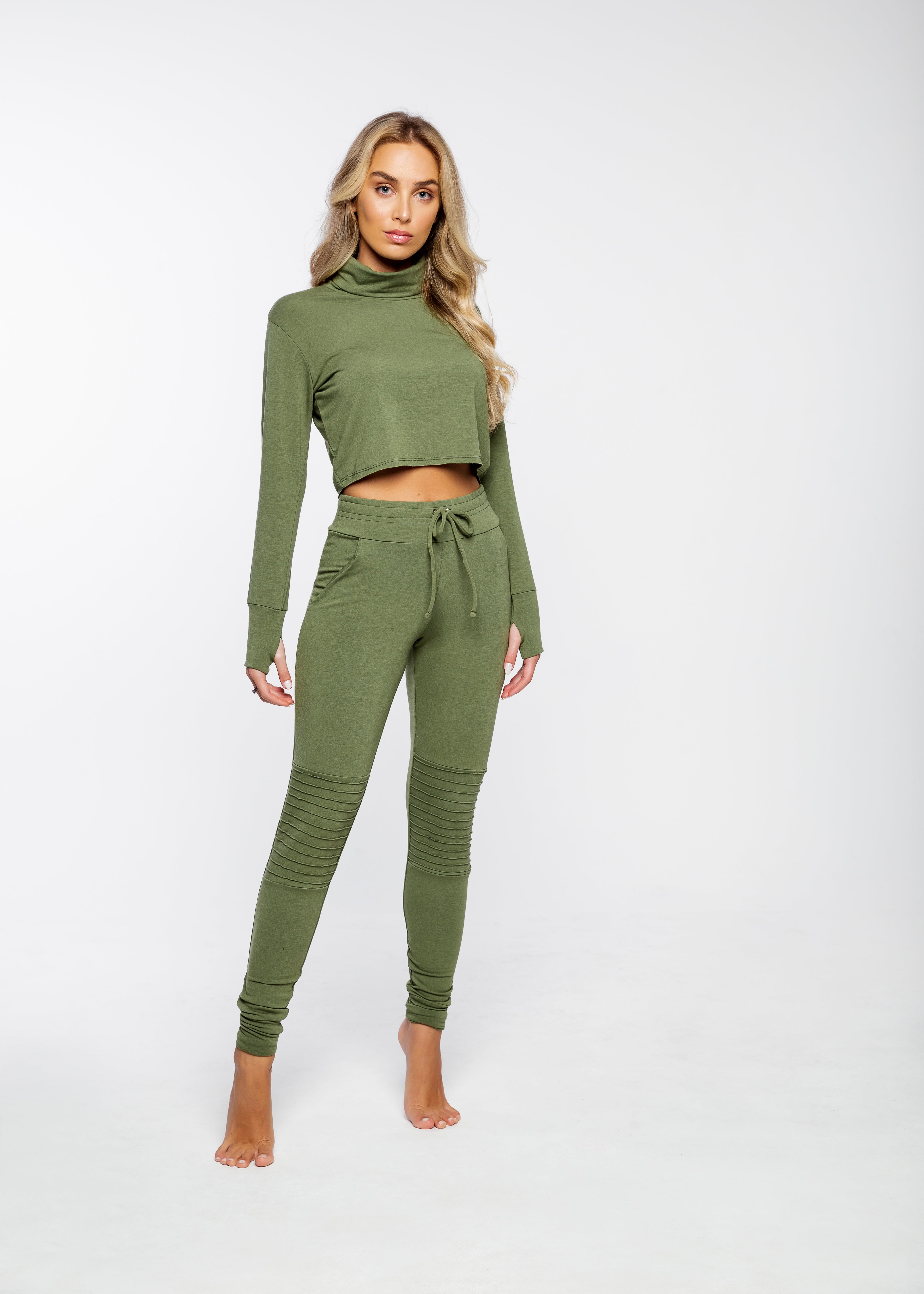 biker sweatpants, militar green sweatpants, female model