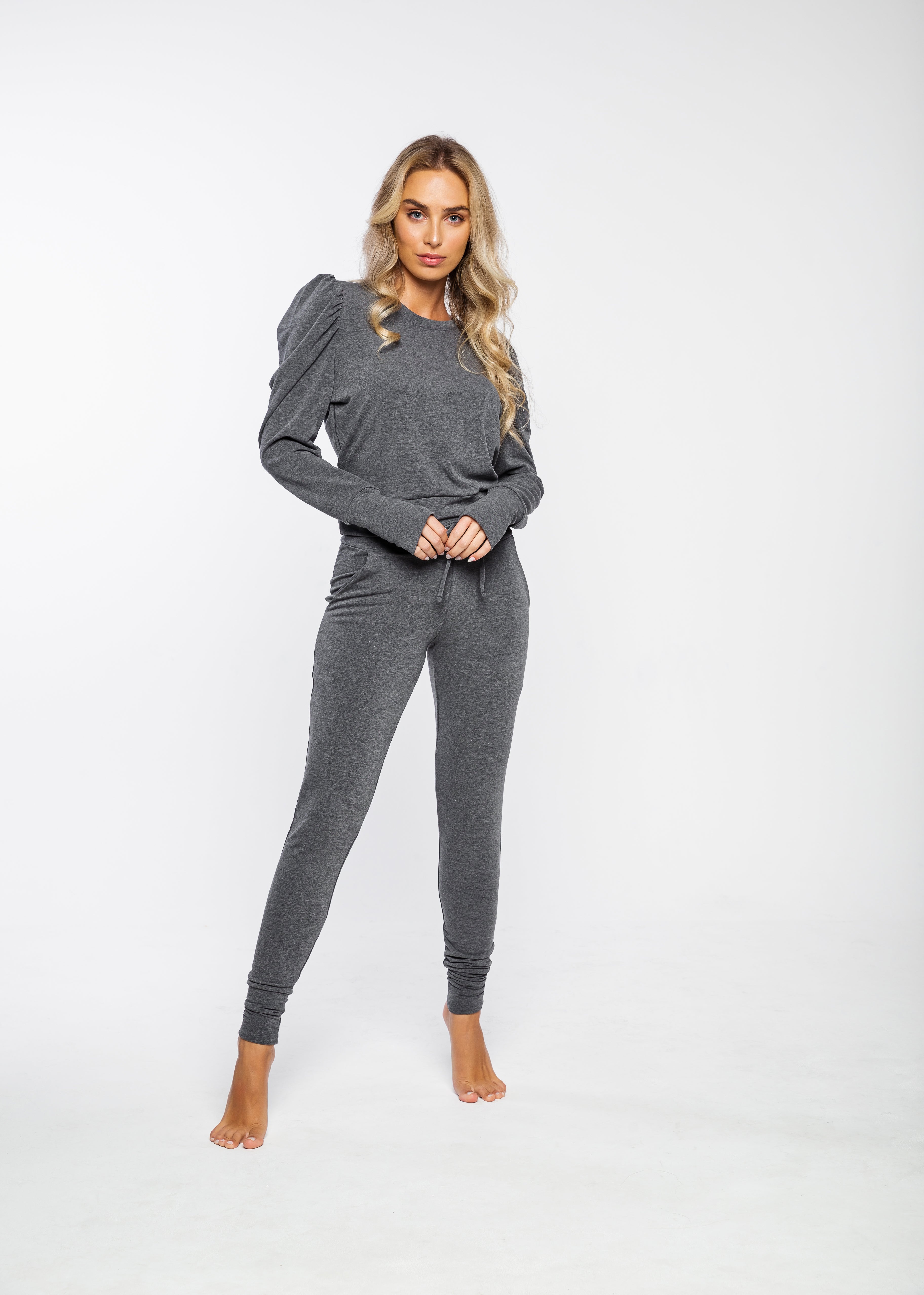  grey sweatpants, female model